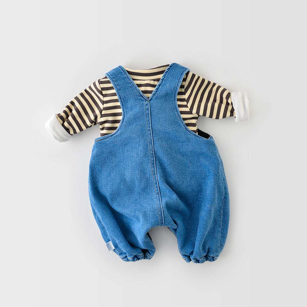 Men's And Women's Baby Soft Stretch And Velvet Thick Denim Overalls