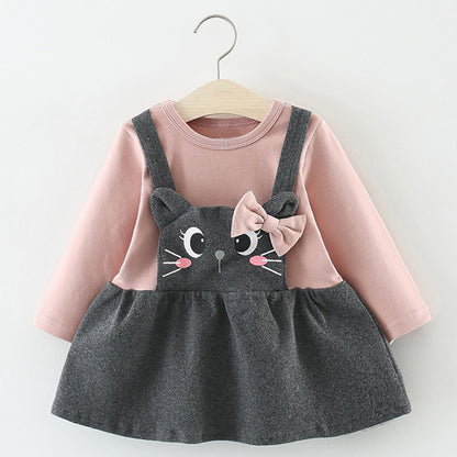 Printed long sleeve cartoon cat face bow baby dress