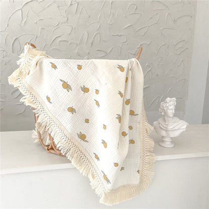 Baby Cotton Crepe Print Fringed Bath Towel Boy Girl Kid Infant Blanket Wrap