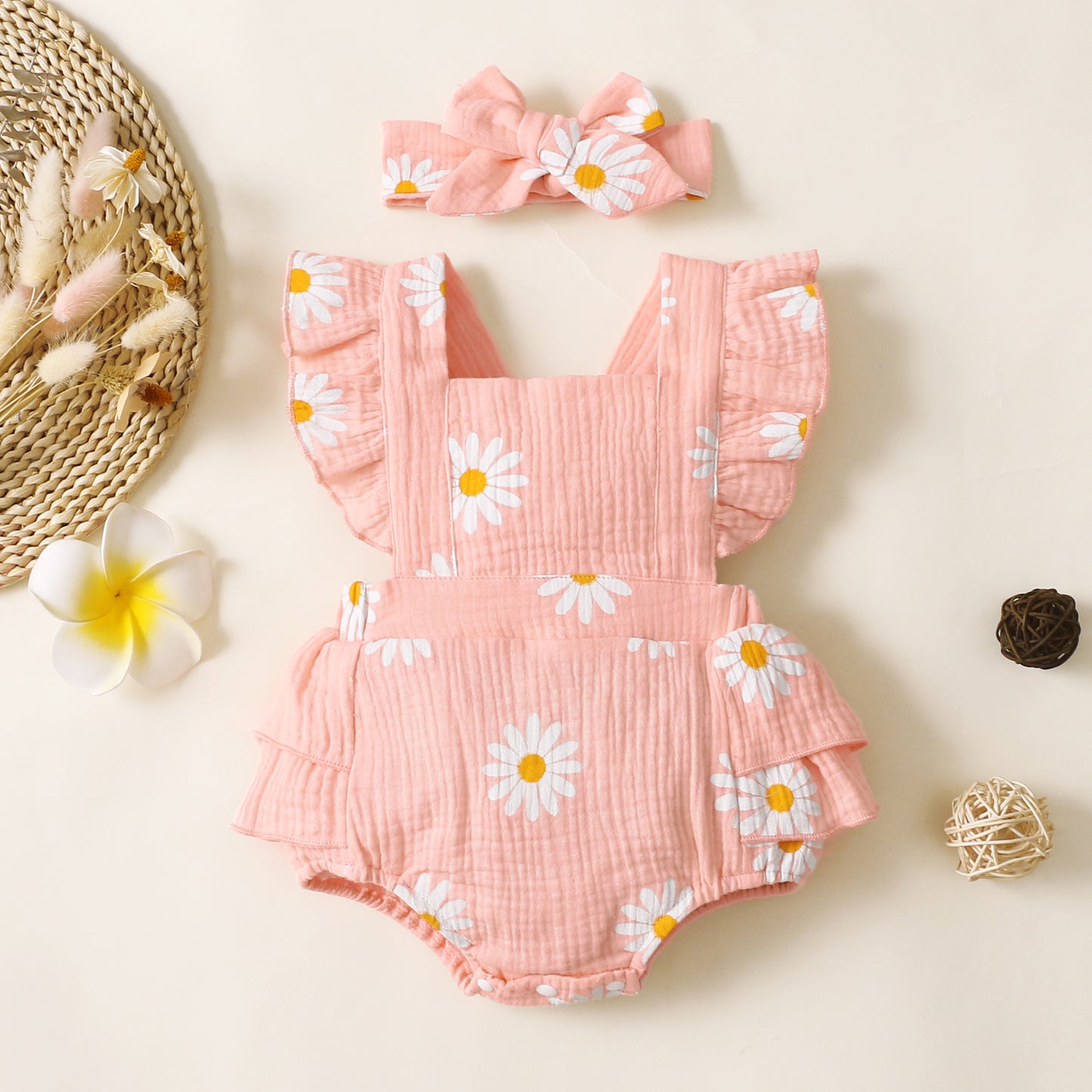 Sleeveless Flower Print Baby Girl Triangle Rompers