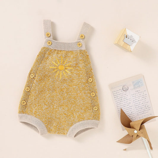 Ins Hot Fall New Baby Sunflower Embroidered Straps Knitted Jumpsuit