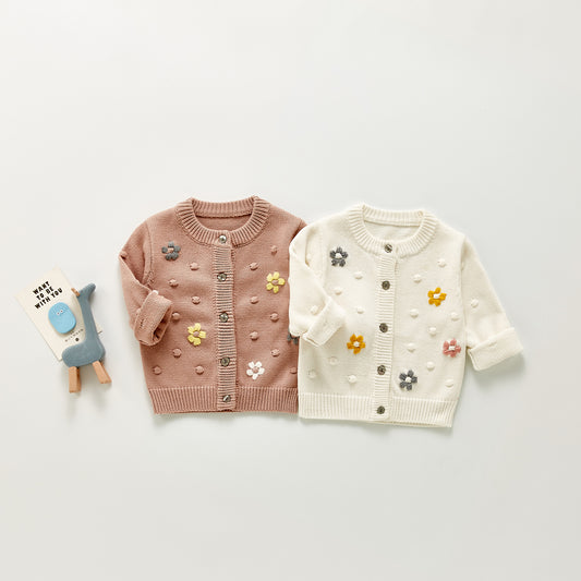 Baby and Toddler Cute Knitted Cardigan Coat with Flower Pattern