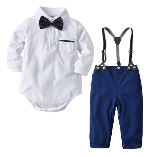 Green Companion Baby Boy Baby Autumn Overalls Suit Gentleman Bow Tie Cotton Romper Suit