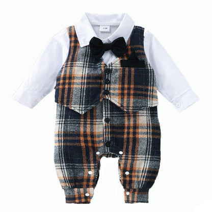 Baby Boy Gentleman Jumpsuit Spring And Autumn Fashion Plaid Fake Vest