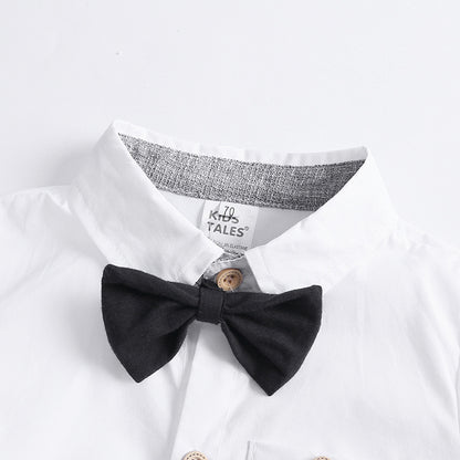 Baby Boy Cotton Gentleman Romper Shirt and Shorts Bow Tie Suspenders Suit