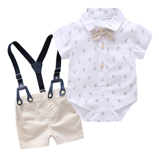 Baby Boy Gentleman Short Sleeve Romper Shirt Shorts Bow Tie Suspenders Suit