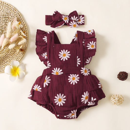 Sleeveless Flower Print Baby Girl Triangle Rompers