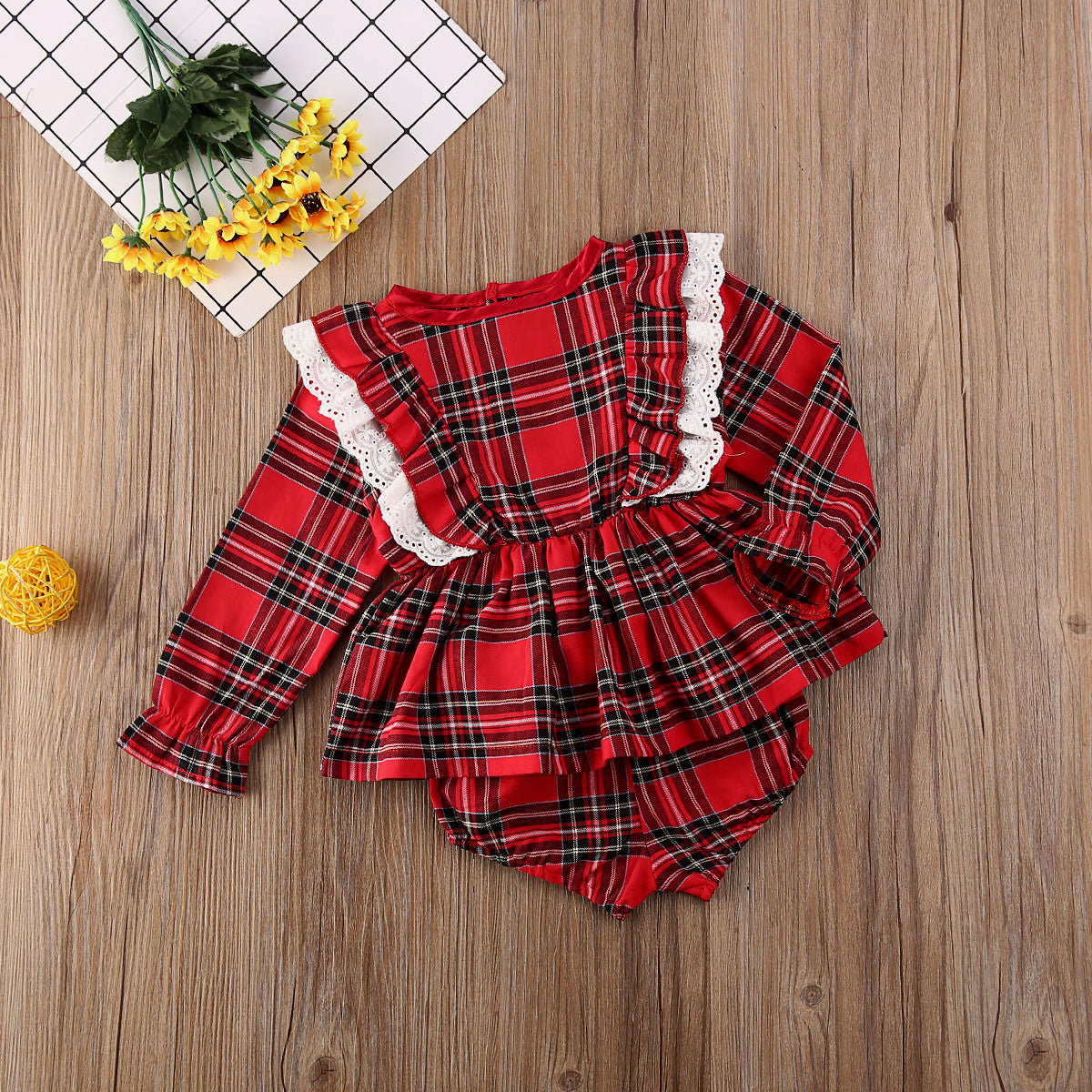 Cute Bow Girl Baby Lace Trim Red Plaid Small Suit