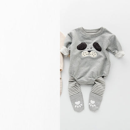 Baby Rompers and Pants Dog Face Stripes Autumn Winter Baby Girl and Boy Cartoon Thick Cotton Sweater One-Piece Romper