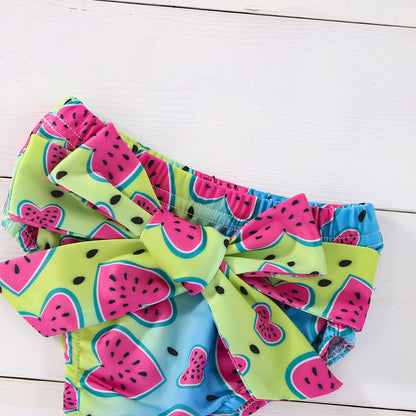 Baby Girl Watermelon Print Sloping Shoulder Suit