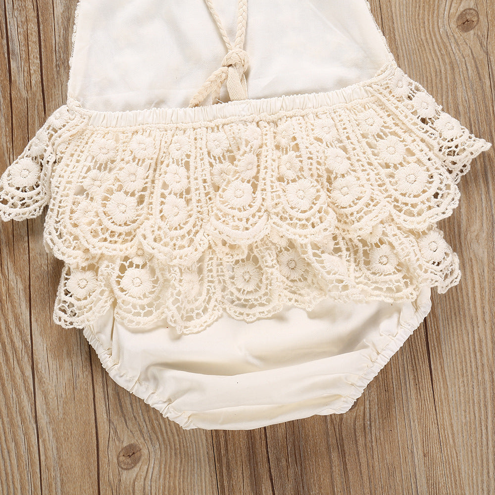 Baby Jumpsuit Summer Beige Lace Dress Baby Girl Rompers Strap Backless Triangle Rompers Onesie Korean Style